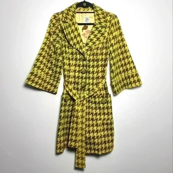Ivy Jane RARE Vintage Houndstooth Coat In Muted Lime & Earth Brown With Belt XS